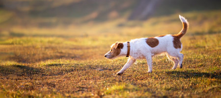 Jack russell terrier puppy as walking and smelling in the sunrise grass in autumn. Dog hike or travel banner.の写真素材