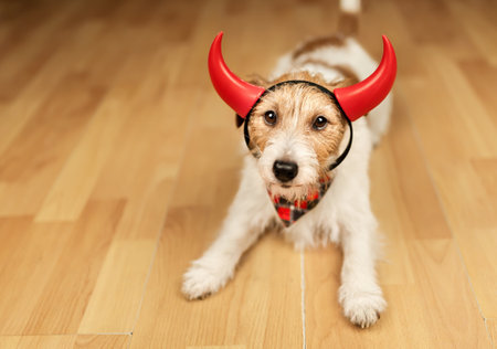 Cute funny happy jack russell terrier halloween pet dog in devil costumeの写真素材