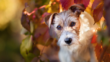 Cute jack russell terrier dog listening in the red autumn leaves. Happy fall banner, background.の写真素材
