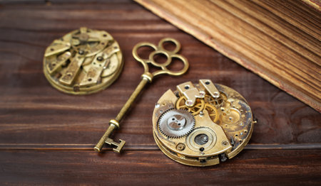 Old gold key and clockworks on wooden background. Escape room game banner.の写真素材