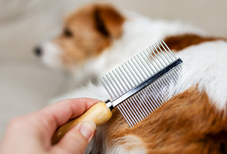 Owner's hand brushing, combing her shedding fluffy dog's hair. Pet care and grooming. Molt season.の写真素材
