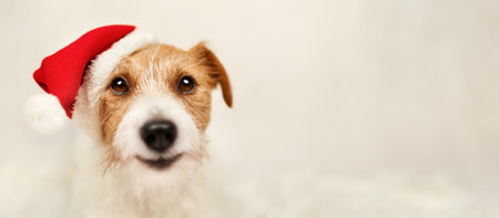 Happy smiling christmas santa pet dog, holiday card background or banner with copy space.の写真素材