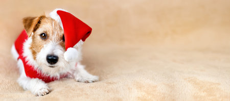 Happy christmas surprise santa dog puppy, new year holiday greeting card background or banner with copy space.の写真素材