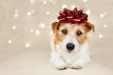 Happy cute new year holiday dog puppy looking with a gift bow on her head and Christmas lights on the background.の写真素材