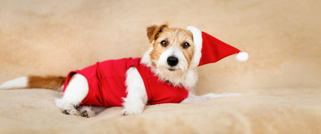 Happy cute christmas santa pet dog, holiday card background or banner with copy space.の写真素材