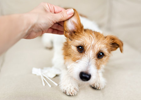 Owner's hand checking and cleaning her healthy dog's ear. Pet care banner.の写真素材