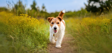 Banner of a cute happy healthy dog puppy as walking in the grass in springの写真素材