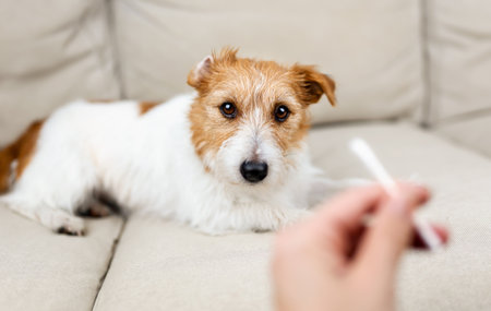 Owner wants to check and clean her funny dog's ear. Pet care.