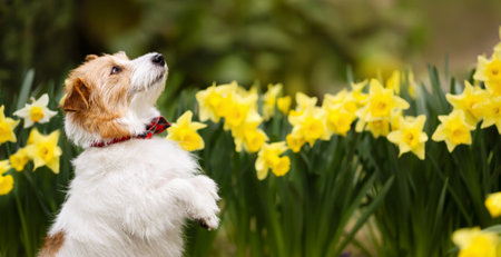 Happy cute dog puppy begging in daffodil flowers in spring. Easter or mothers day banner,...