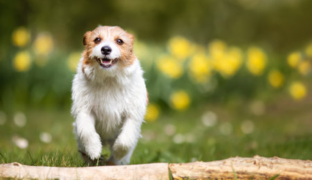 Happy playful funny pet dog puppy running in the flower garden in spring