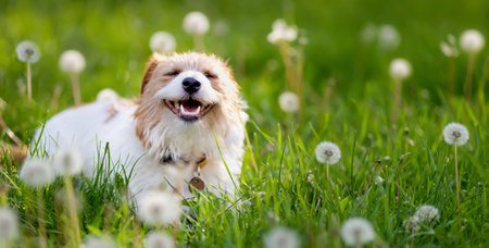 Happy face of a cute smiling, laughing, healthy dog in the summer grass. Pet banner, background with copy space.の写真素材