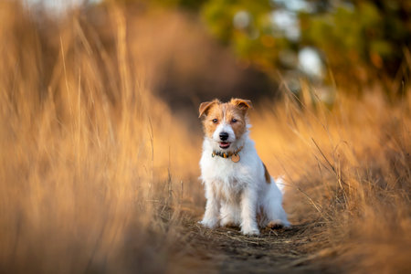 Beautiful purebred jack russell terrier sitting in the grass. Small and active dog breed background.