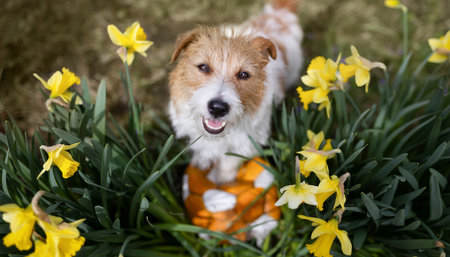Happy cute playful pet dog standing on her toy ball and smiling next to daffodil flowers in springの写真素材