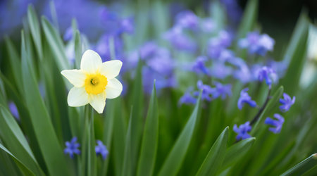 Blooming daffodil flower. Spring forward, springtime, easter floral banner background.