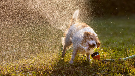 Funny thirsty wet pet dog playing with splashing water and drinking in the grassの写真素材