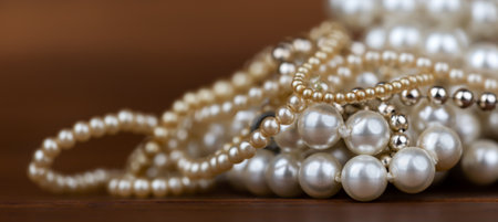 White and gold pearls, female jewelry necklaces on brown background. Wealth, luxury gift shopping banner.の写真素材