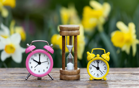 Alarm clocks and hourglass with flowers, changing seasons from spring to summer concept. Background with copy space.の写真素材