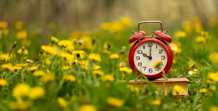 Alarm clock with spring flowers. Springtime or daylight saving time banner, background.