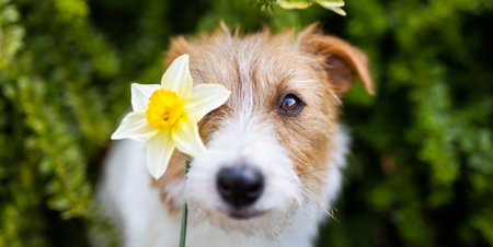 Happy cute smiling dog face with daffodil flower in spring. Easter, springtime banner or background.の写真素材