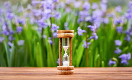 Hourglass with purple blue flowers in spring. Springtime, summer or mothers day background.の写真素材