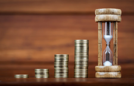 Gold money coins with an hourglass. Inflation concept, background with copy space. Home finances.の写真素材