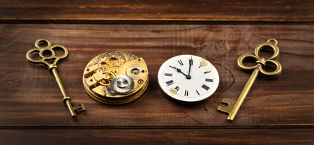 Old golden keys with clockwork and clock. Escape room game concept, web banner or background.の写真素材
