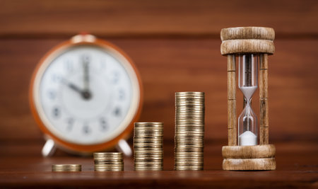 Gold money coins and an hourglass with an alarm clock in the background. Retirement savings and financial planning concept.の写真素材