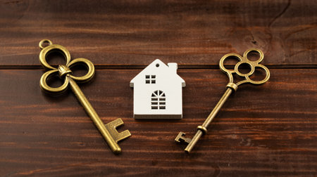 Gold keys and house, mortgage loan or real estate concept. Home buying, apartment ownership.の写真素材