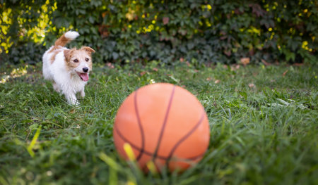 Cute playful dog wants to play with her toy basket ball in the grass in summerの写真素材