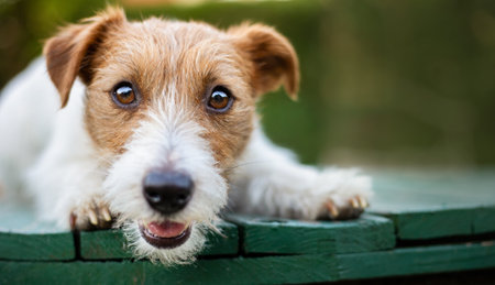 Face of a happy funny cute jack russell terrier dog puppy, pet love banner or backgroundの写真素材