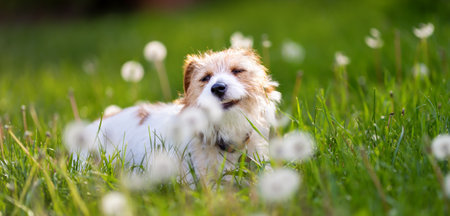 Cute happy dog smelling, sniffing blowball flowers in the grass. Pet in the nature in spring or summer.の写真素材