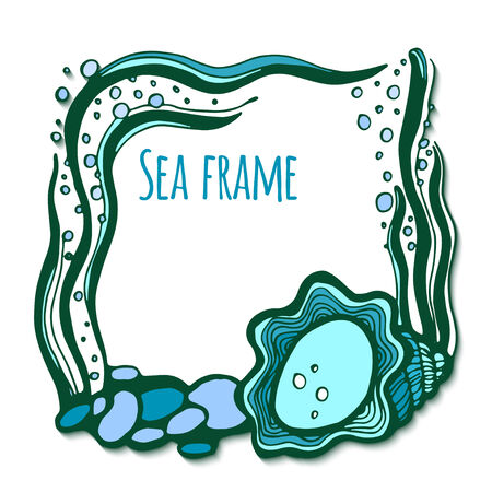 illustration doodle. square frame with sea shells and algaeのイラスト素材