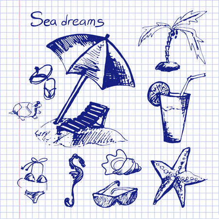 illustration. Sketch - Set on holiday by the sea, on a background of notebook sheetのイラスト素材