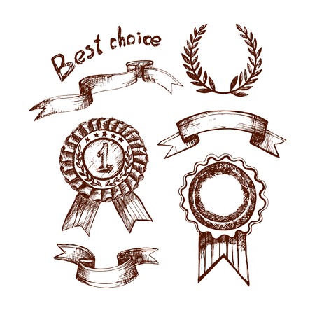illustration Sketch - Set of medals and ribbons on a white backgroundのイラスト素材