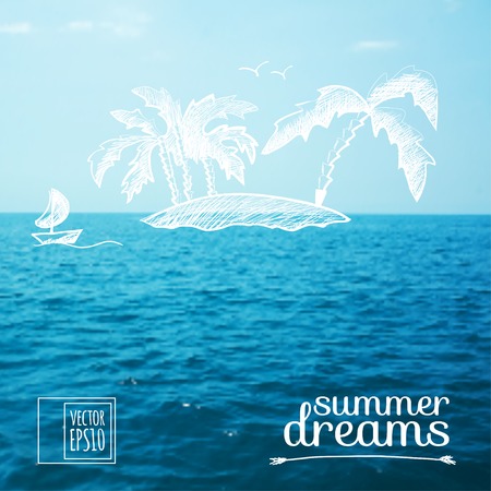 illustration  Sketch on summer dreams on the background images  island in the oceanのイラスト素材