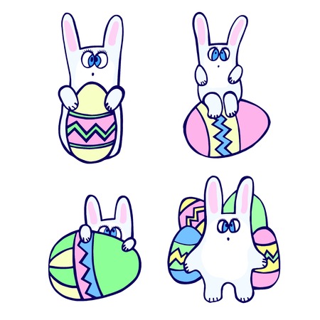 illustration  Set of Doodle decorative eggs and rabbit for Easterのイラスト素材
