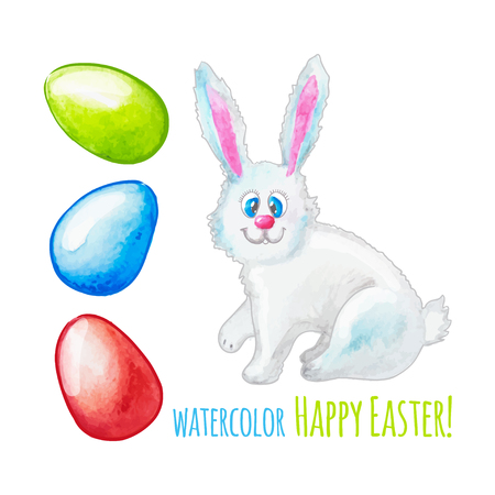 illustration  Set of watercolor decorative eggs and rabbit for Easterのイラスト素材