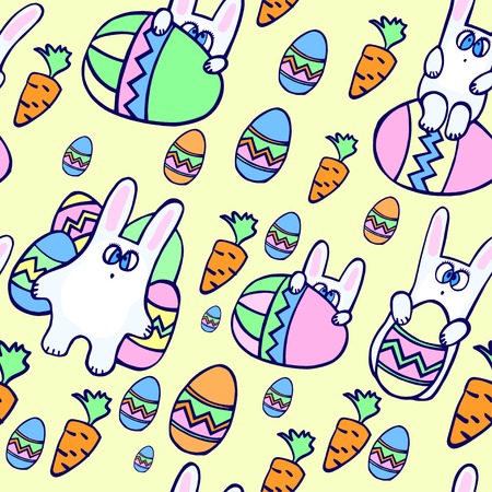 illustration seamless from Doodle decorative eggs and bunnies for Easterのイラスト素材
