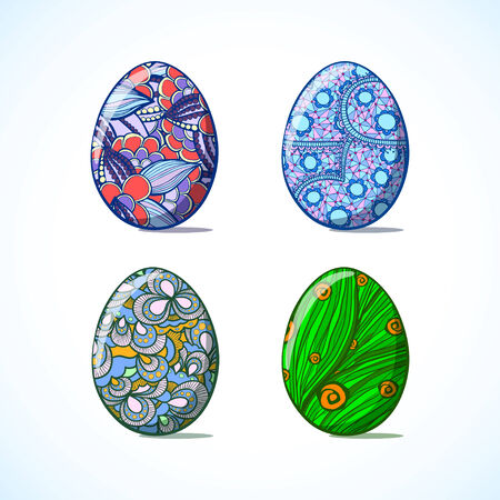 illustration Set of four Easter eggs with colorful doodle - patternsのイラスト素材