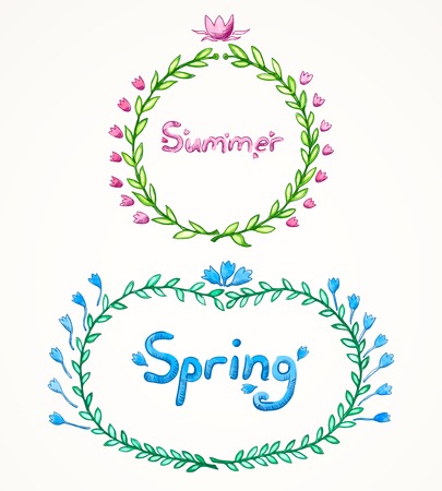 vector illustration. Set of two watercolor frames frame from leaves and flowers, with handwritten words "spring" and "summer", isolated on white backgroundのイラスト素材
