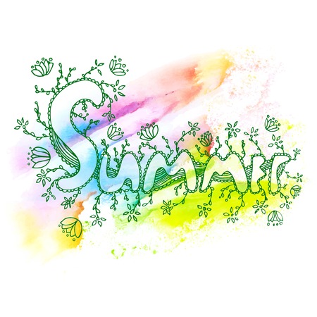 vector illustration. Doodle text "summer" with colors and patterns on the background of watercolor prints and splashesのイラスト素材