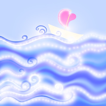 vector illustration. Card with waves and ship with a sail-heartのイラスト素材