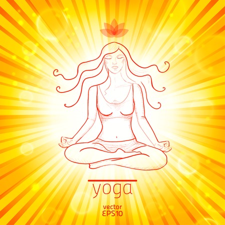 Sketch of girl in lotus position on sunburst backgroundのイラスト素材