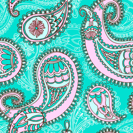 Vector illustration. Seamless paisley pattern. Brown - turquoise - pink - whiteのイラスト素材