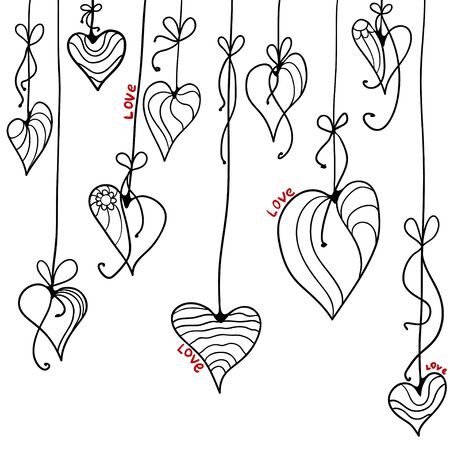 vector illustration. Black and white doodle card with hearts and garlands. Valentines Dayのイラスト素材