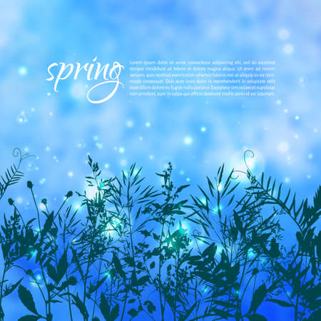 Vector illustration. Bright spring background with element of grass and leavesのイラスト素材
