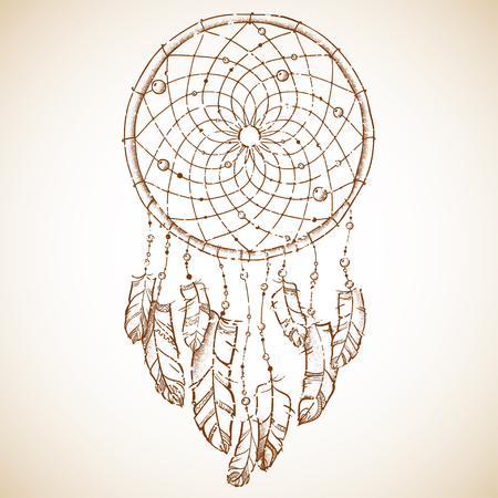 Vector illustration. Ethnic totem Wolf and Dreamcatcher. Doodle. Tattoo.のイラスト素材