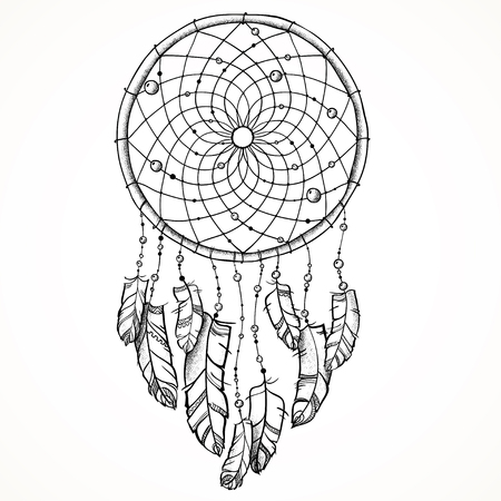 Vector illustration. Ethnic totem Wolf and Dreamcatcher. Doodle. Tattoo.のイラスト素材