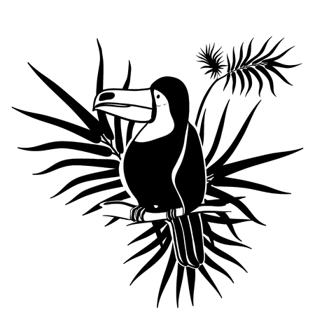 Vector illustration. Graphic arts. Toucan. Tropical toucan bird on a background of tropical leaves. Black and white.のイラスト素材