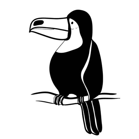 Vector illustration. Graphic arts. Toucan. Tropical toucan bird on a background of tropical leaves. Black and white.のイラスト素材